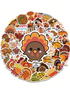 a turkey sticker on top of a white plate with lots of different types of thanksgiving decorations