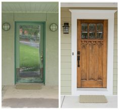 two pictures side by side one has a green door and the other has a brown front door