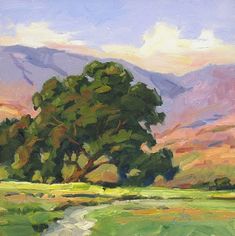 an oil painting of trees and mountains in the distance with a stream running between them