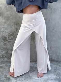 women's natural stretch rayon jersey wide leg side slit elastic waistband pants #color_cream Skirted Pants, Flowy Pants, Natural Curves, Draped Fabric, Design Concept, White Pants, Geneva, Pants Outfit, Long Pants