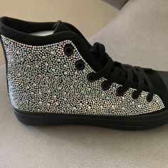 Brand New! Black Sneakers With Rhinestones And Round Toe, Black Rhinestone Sneakers With Round Toe, Black Casual Sneakers With Rhinestones, Casual Black Sneakers With Rhinestones, Trendy Flat Sneakers For Party, Trendy Flat Party Sneakers, Black Synthetic Sneakers For Party, Black Lace-up Sneakers For Party, Upcycle Shoes