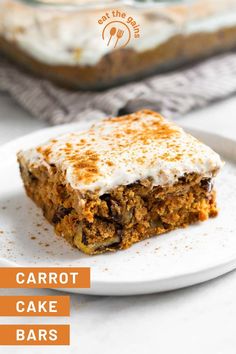 carrot cake bars on a white plate with the words carrot cake bars in front of it