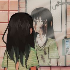 a girl with long hair standing in front of a mirror and looking at her reflection