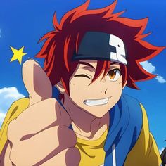 an anime character with red hair giving the thumbs up sign in front of a blue sky