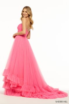 Sherri Hill 55982 Tulle A-line gown with keyhole, rosette embellishment, and a tiered ruffle skirt hem. Sherri Hill Prom, Mermaid Evening Gown, Princess Sleeves, Sherri Hill Prom Dresses, Tiered Ruffle Skirt, Halter Gown, Ruched Top, Ruffled Skirt, Tulle Prom Dress