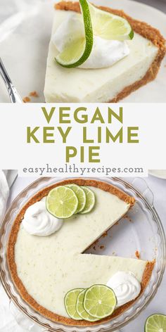 vegan key lime pie with whipped cream and limes on top