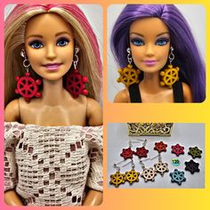 barbie doll with purple hair and earrings in front of a pink background, two pictures of the same model