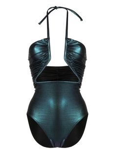 blue iridescent effect stretch-design cut-out detailing halterneck tie fastening Be mindful to try on swimwear over your own garments. Metallic Bathing Suit Black Women, Futuristic Swimwear, Couture Swimsuit, Sea Clothes, Rick Owens Women, Halter Neck Swimsuit, Green Swimsuit, Latest Fashion Design, Cut Out Swimsuits