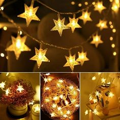 star string lights are hanging from the ceiling and in different stages of being lit up