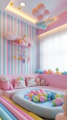 Colorful girls' bedroom with pastel striped walls, kawaii pillows, cloud light, climbing frame, and playful ball pit. Blue Striped Walls, Colorful Bedroom, Striped Walls, Whimsical Home, Enchanted Home, Climbing Frame, Cloud Shapes, Kid Room, Whimsical Decor