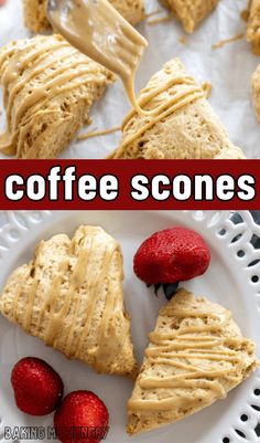 coffee scones on a plate with strawberries and peanut butter drizzled over them