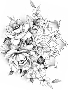 a black and white drawing of flowers