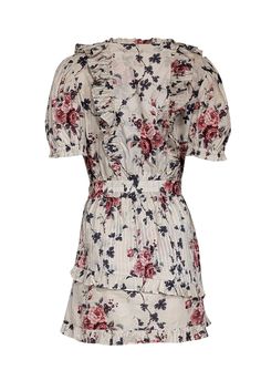 Indulge in blooming beauty with LoveShackFancy's "Sutton" plisse mini dress. With vintage-inspired florals, flirty ruffles, and dramatic puff sleeves, this dress is sure to add a touch of romance to your wardrobe. The perfect blend of playful and elegant, pair it with strappy purple heels. Size M 100% Cotton Lined V-neck Front button loop closure Smocked elastic waist Asymmetrical tiered ruffles Short puff sleeve w/ elastic cuff Plisse design Mini length Bust 38" Waist (unstretched) 26" Shoulder Plisse Dress, Purple Heels, Pink Floral Print, Ruffle Shorts, Puff Sleeves, Pink Floral, Smocking, Puff Sleeve, Ruffles