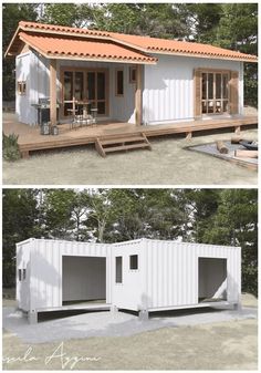 two pictures side by side of a house made out of shipping containers