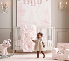 Monique Lhuillier Paris Mural | Pottery Barn Kids Monique Lhuillier Nursery, Dior Nursery, Pottery Barn Nursery Girl, Paris Kids Room, Paris Themed Nursery, Restoration Hardware Nursery, Elegant Baby Nursery, French Country Nursery, Pottery Barn Nursery