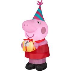 the inflatable peppa pig is holding a present