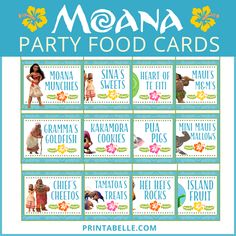 moan party food cards with pictures of the characters