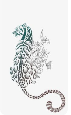 a drawing of a leopard with flowers on it's back and the tail curled up