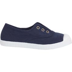 a women's shoe with white soles and blue canvas upper part, side view