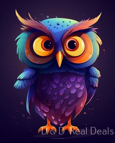 an owl with big eyes sitting on top of a tree branch in front of a dark background