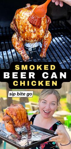 a woman holding a tray full of chicken on top of a grill with the words smoked beer can chicken