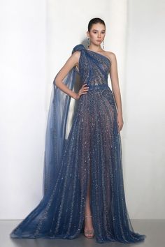 Description Blue A-line, Long dress Sleeveless Open neckline One Shoulder Beaded stones, Tulle Dry Clean Evening Dress Made in Lebanon A - 024 Ziad Nakad, Fancy Gowns, Blue Gown, فستان سهرة, Beaded Gown, Gala Dresses, Couture Gowns, Glam Dresses, Gorgeous Gowns