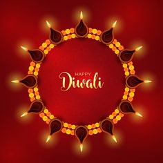 happy diwali greeting card with lights and decorative frame on red background for diwali festival