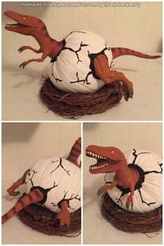 an image of a fake dinosaur in a nest made out of paper mache eggs