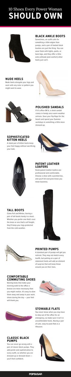 These 10 pairs are the essentials in your work wardrobe: think everything from classic pumps to lust-worthy loafers. Whether you're new to the business world or you're rising through the ranks, these are the shoes that deserve a space in your closet. Kasut Tumit Tinggi, Power Woman, Fashion Terms, Chique Outfits, Tall Leather Boots, Boot Print, Classic Pumps