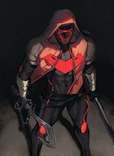 a man in a red and black outfit with two swords standing next to each other