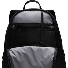 a black and grey backpack with zippers on the front