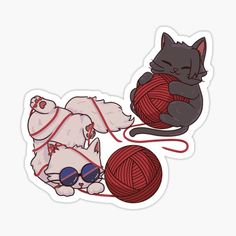 two cats playing with balls of yarn and one cat laying on the floor sticker