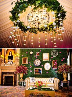 two pictures of a living room with flowers and clocks on the wall, one is decorated with greenery and the other has a chandelier