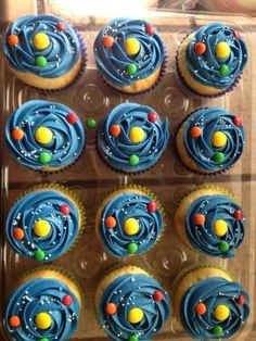 cupcakes with blue icing are arranged in a box