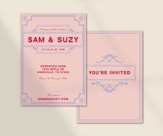 a pink and blue wedding card with the words sam & suzy printed on it