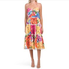 Farm Rio Chita Flower Midi Dress Floral Midi Dress Size: Xl Condition: New With Tags! Bold (Really Bold) Hibiscus Blooms Pop In Bright Colors On This Halter-Style Midi With A Bow-Shaped Bodice That Leaves A Keyhole Cutout Atop The Tiered Skirt. Ties At Neck; Hidden Side-Zip Closure Sweetheart Neck Sleeveless Open Back Lined 100% Cotton Hand Wash, Line Dry Imported Women's Clothing Farm Rio Will Plant One Tree For Every Purchase Of Its Product As A Partner Of The Global Reforestation Nonprofit On Sleeveless Multicolor Tropical Print Midi Dress, Sleeveless Multicolor Midi Dress With Tropical Print, Feminine Multicolor Midi Dress For Garden Party, Multicolor Print Sundress For Garden Party, Tropical Multicolor Midi Dress With Floral Print, Tropical Multicolor Ruffled Dress, Multicolor Floral Midi Dress For Beach, Multicolor Print Midi Dress For Brunch, Multicolor Floral Midi Dress With Ruffles