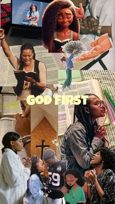 collage of images with the words god first