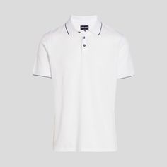 Product Description: Made In Italy And Crafted Of 100% Cotton, This Polo Shirt Is Finished With A Subtle Navy Accent Trim At The Collar As Well As The Sleeves. * Spread Collar With Navy Tips * Short Sleeves With Navy Tips * Pullover Style * Three-Button Placket * Rib-Knit Trim * 100% Cotton * Hand Wash * Made In Italy * Size: 52 * Color: White/Navy About The Brand Since Launching His Self-Named Fashion Empire In 1975, The Milanese Designer Has Both Revolutionized Men's Fashion And The Fashion In Formal Polo Collar Top With Placket, Formal Tops With Polo Collar And Placket, Classic Navy Semi-formal Tops, Elegant Fitted Polo Shirt For Semi-formal Occasions, Elegant Fitted Polo Shirt For Semi-formal Events, Formal Summer Polo Shirt With Polo Collar, Summer Formal Polo Shirt With Polo Collar, Formal Summer Polo Shirt With Collar, Elegant Semi-formal Polo Shirt