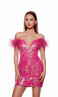 4621, by Alyce Paris is perfect for a masquerade ball! The hot pink cocktail dress showcases an off-shoulder sweetheart neckline with feathered cap straps. An open lace-up back that will accentuate your waistline and zipper skirt. The fitted dress displays stunning sequin work that will shine from all angles. Sequin Dress With Feathers, Hot Pink Cocktails, Hot Pink Cocktail Dress, Dress With Feathers, Sequin Homecoming Dress, Dazzling Dress, V Neck Cocktail Dress, Dress Display, Pink Party Dresses