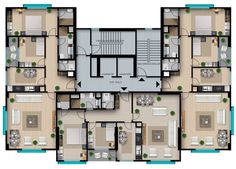 the floor plan of a four bedroom apartment with two bathrooms and three separate living areas