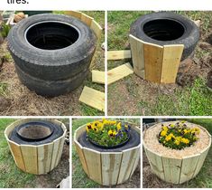 four pictures show how to make a planter out of an old tire and some flowers