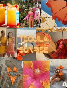 a collage of photos with the words tequila sunrise written in orange and pink colors