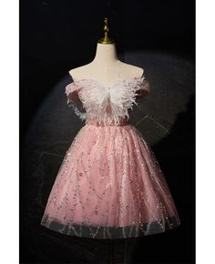 Get 10% off now! Buy fairytale pink sequined tulle butterflies short prom dress off shoulder at cheap price online. Free stable shipping and pro custom service since 2009. Butterfly Homecoming Dress, Pink Fantasy Dress, Prom Dress Off Shoulder, Short Princess Dress, Rose Gold Prom Dress, Hoco 2024, Sweetheart Prom Dress, Lace Formal Dress, Dress Off Shoulder