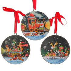 three christmas ornaments hanging from red ribbon on white background with snowflakes and santa's sleigh