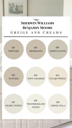 a white and beige bathroom with the words sherylin williams's benamin moore creams