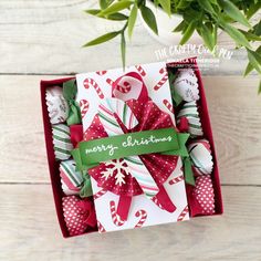 a red box filled with candy canes on top of a wooden table next to a potted plant