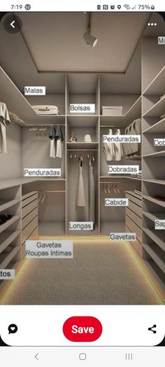 an image of a walk in closet with clothes on the shelves and other items labeled