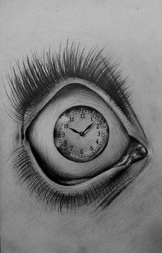 a pencil drawing of an eye with a clock in it's iris and eyelashes