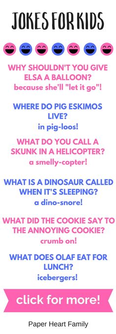 a poster with the words jokes for kids written in pink, blue and black on it