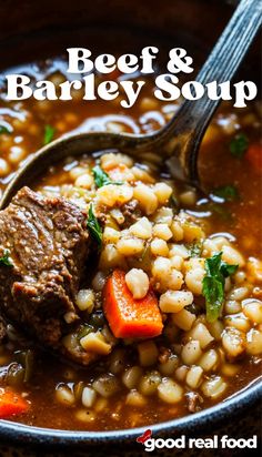 beef and barley soup in a bowl with a spoon